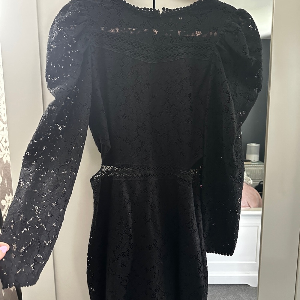 Express Black Sheath Dress with Puff Sleeves and Bateau Neckline